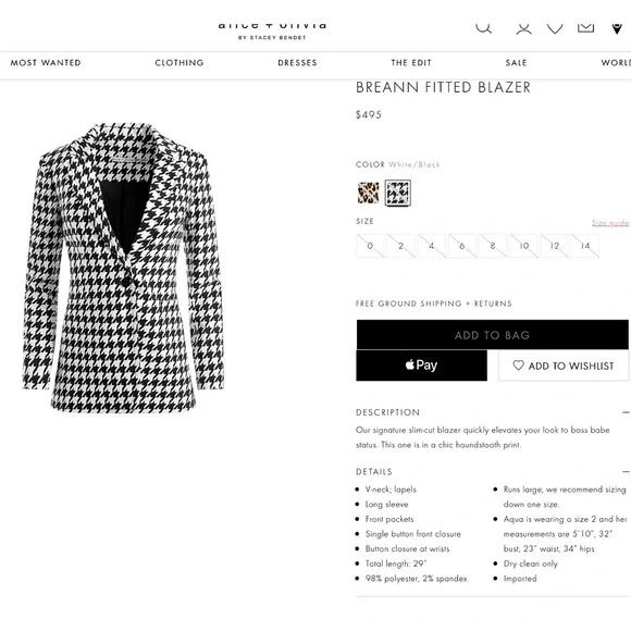 Alice + Olivia Breann Houndstooth Black White Fitted Blazer Jacket - Picture 4 of 17